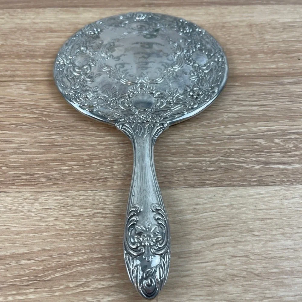 Vintage Silver Tone Embossed Floral Hand Mirror and Hair Brush Vanity Set 2pc